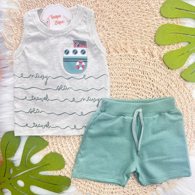 Conj. Regata Navio e Bermuda em Moletinho - Mescla e Verde